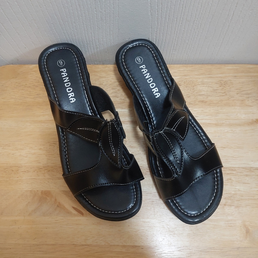 New W/Box Pandora "Wendy02" Women's Black Slide Heel Sandals Size 9